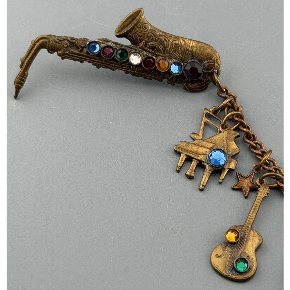 Vintage Double Pin Brooch Musical Charms Celestial Blazer Pin Sax Trumpet Chain